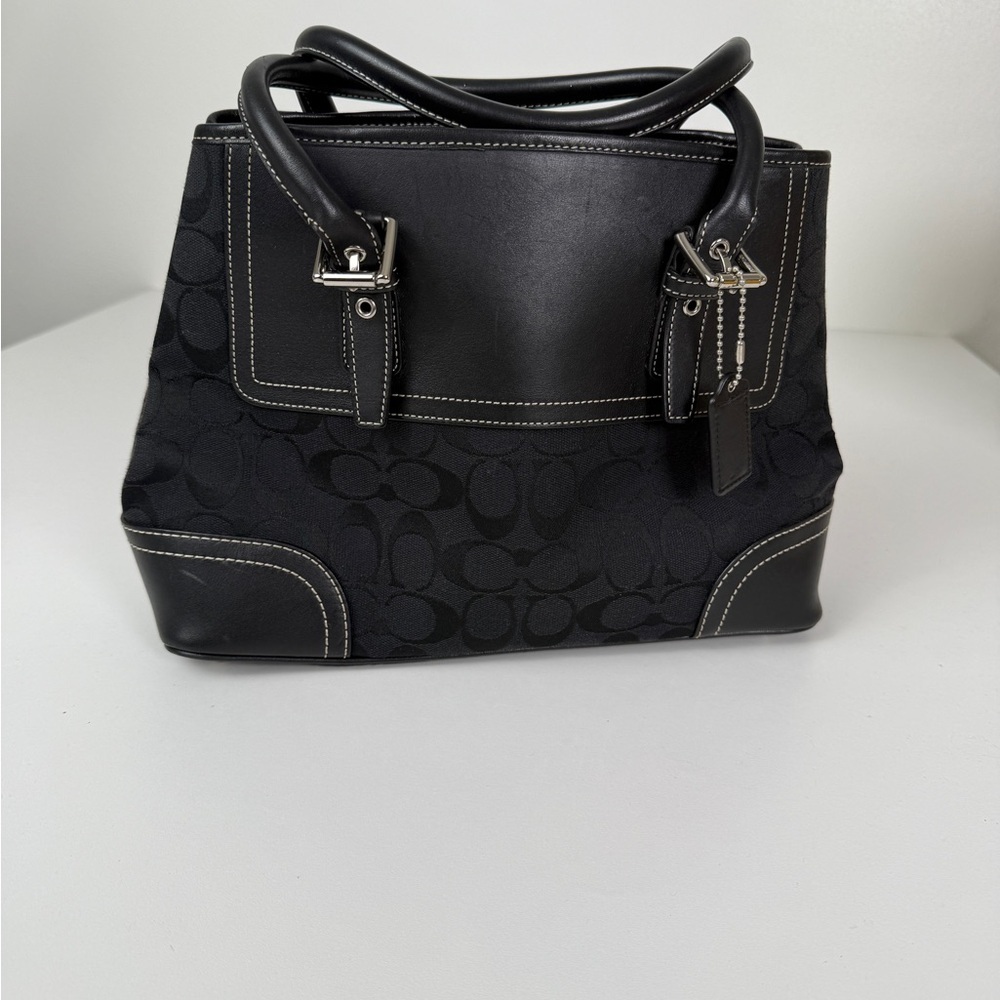 Coach Black Signature Canvas & Leather Satchel Tote Bag | Classic Logo